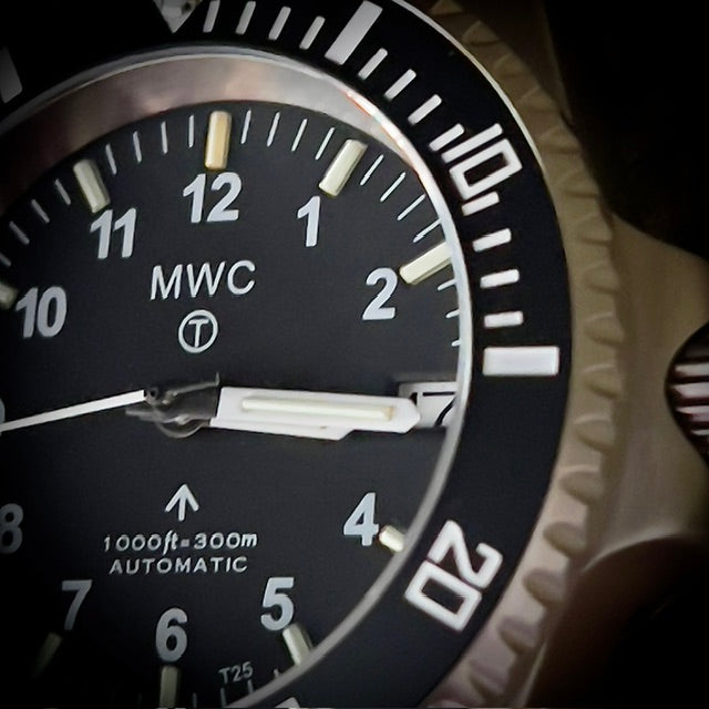 MWC 24 Jewel 300m Automatic Military Divers Watch with Tritium GTLS Illumination, Sapphire Crystal and Ceramic Bezel and Steel Bracelet