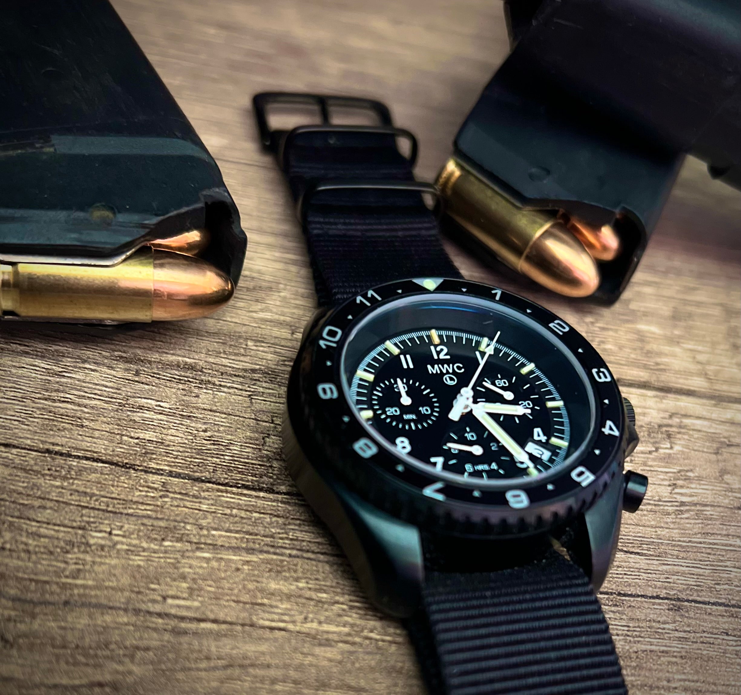 MWC NATO Pattern Stainless Steel Military Pilots Chronograph with Sapphire Crystal and Swiss Ronda Movement - 12 Hour GMT Bezel and GTLS/Tritium Illumination