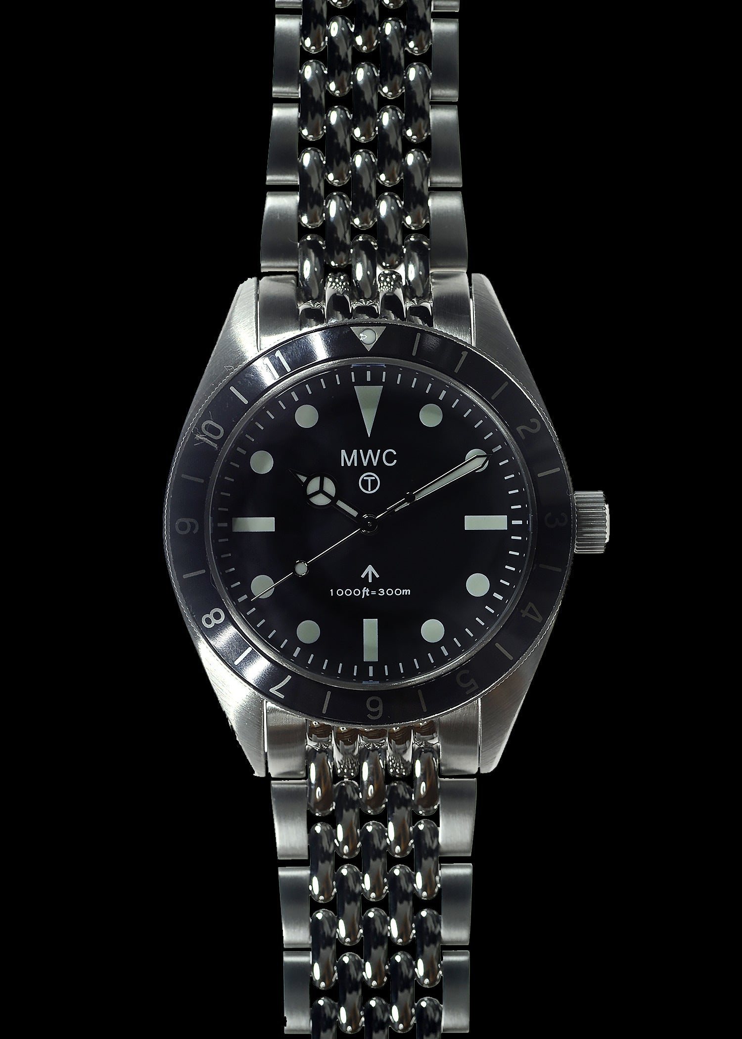 MWC Classic 1960s Pattern Dual Time Zone Divers Watch with Luminova Paint and a Hybrid Mechanical/Quartz Movement on Matching Bracelet