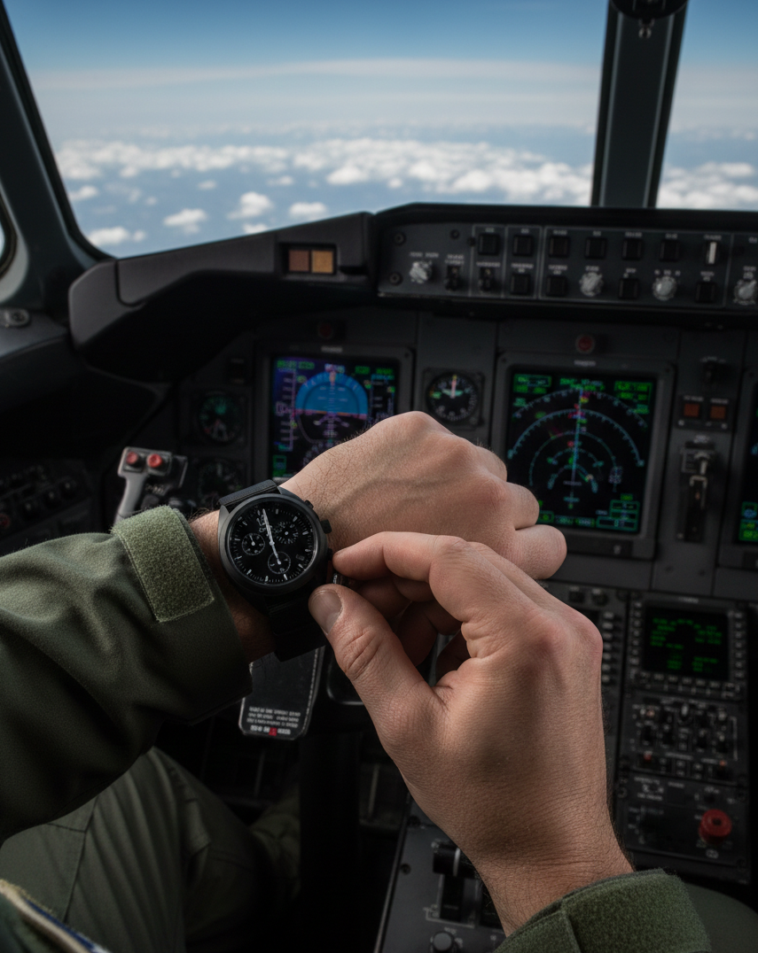 MWC Mechanical/Quartz Hybrid NATO Pattern Military Pilots Chronograph in Non Reflective Black PVD Finish